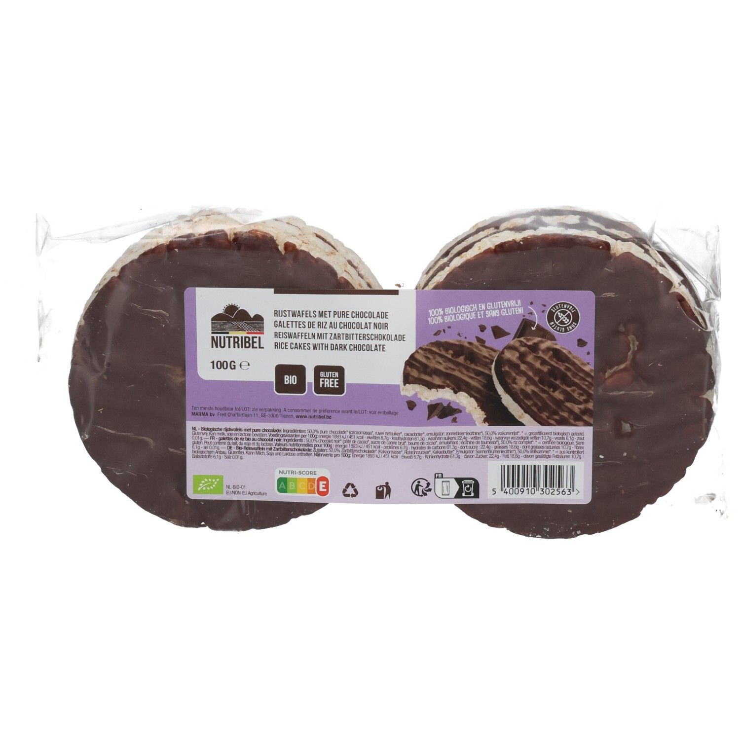 Verpakking rijstwafels met pure chocolade. Zichtbaar: merk, productnaam, bio-keurmerk, glutenvrij.