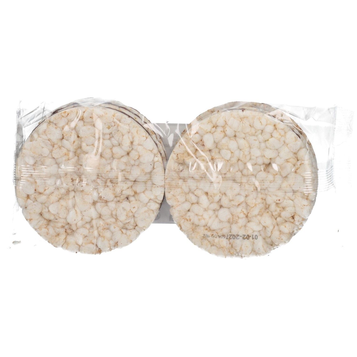 Verpakking rijstwafels. Ronde, lichte wafels in transparante verpakking.
