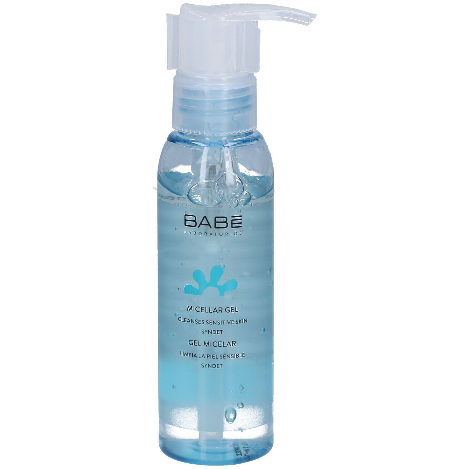 Transparante fles met blauwe gel en doseerpomp. Opschrift: BABÉ, Micellar Gel, reinigt de gevoelige huid.