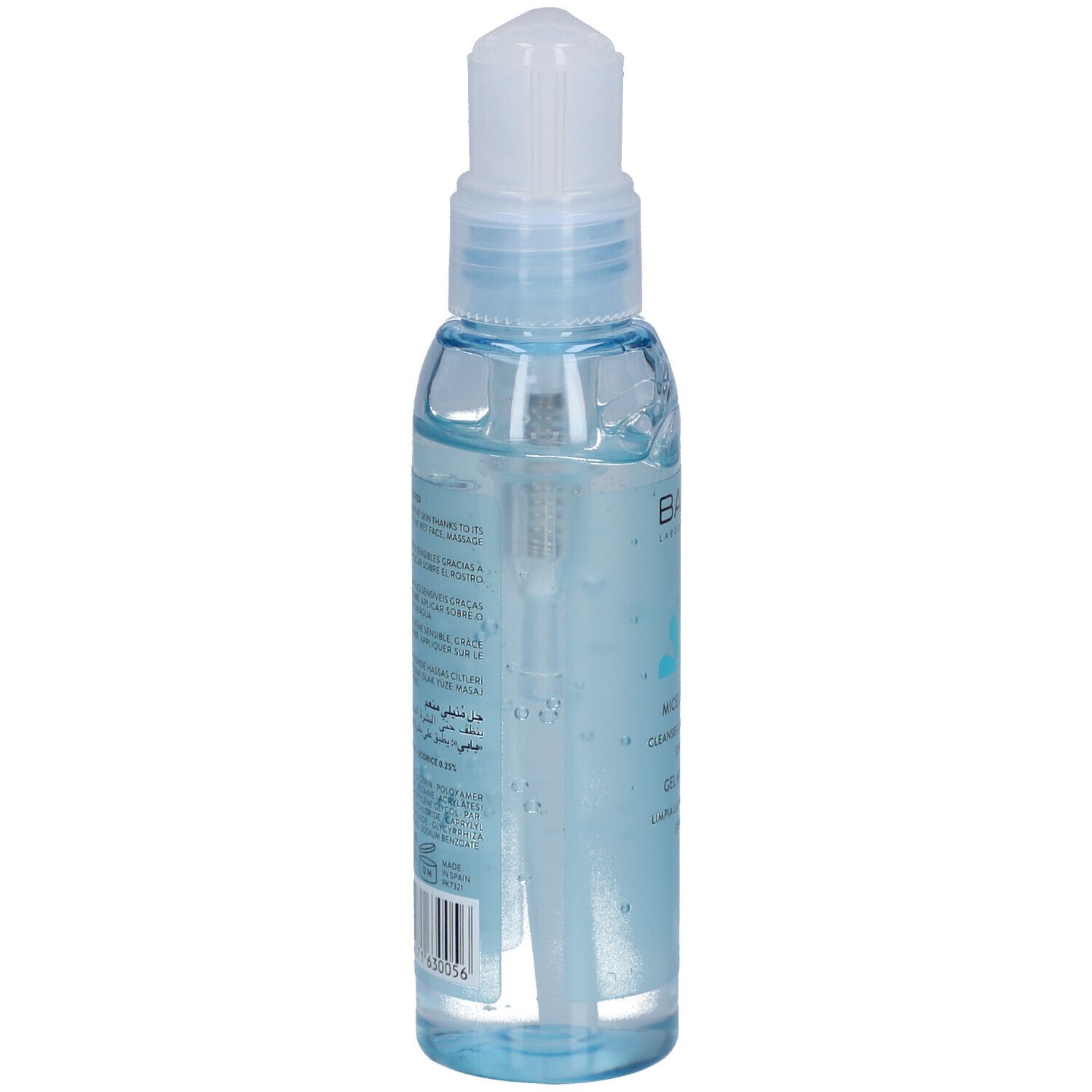 Achteraanzicht van een transparante fles met blauwe gel en doseerpomp. Tekst op de fles.