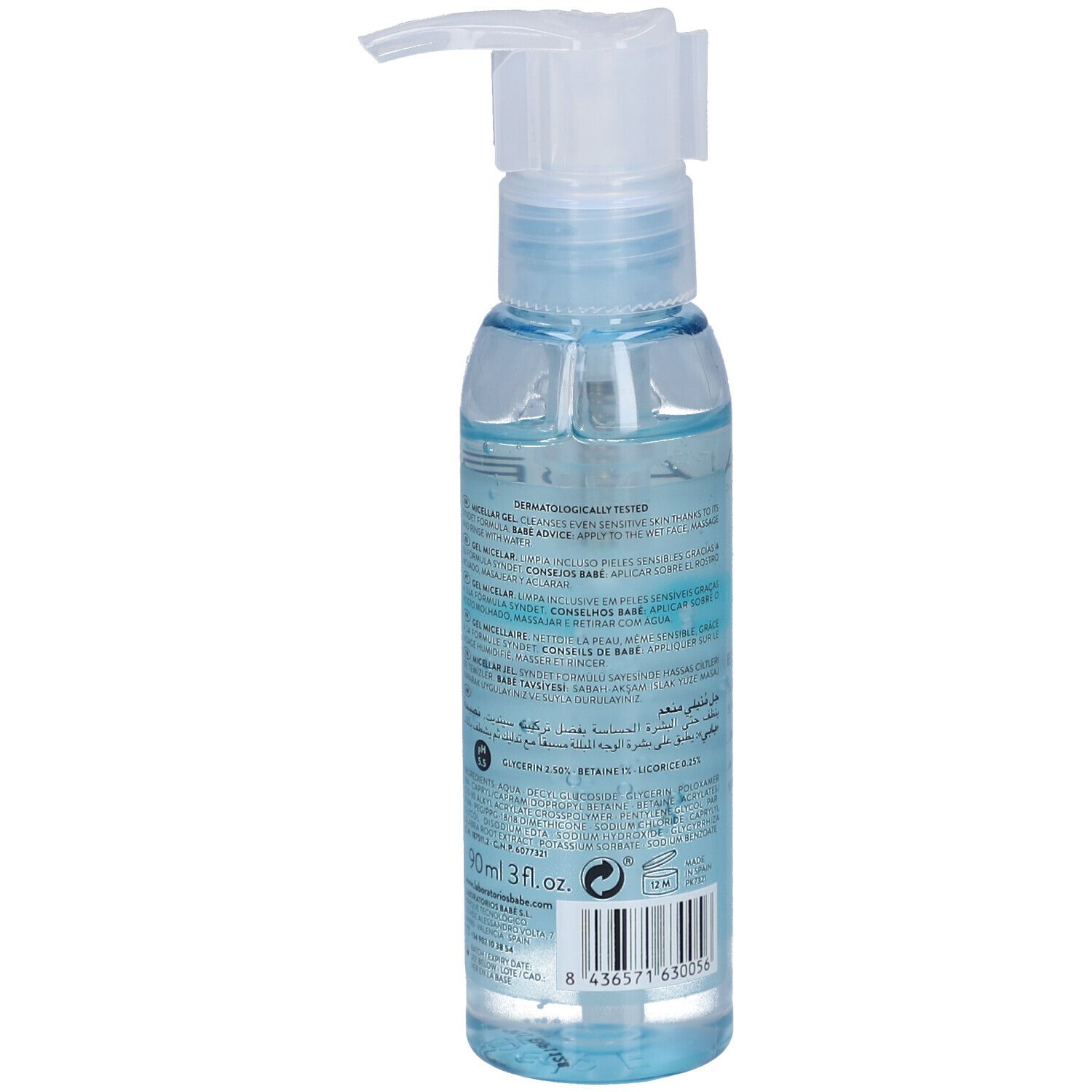Achteraanzicht van een transparante fles met blauwe gel en doseerpomp. Tekst op de fles, inclusief ingrediënten.