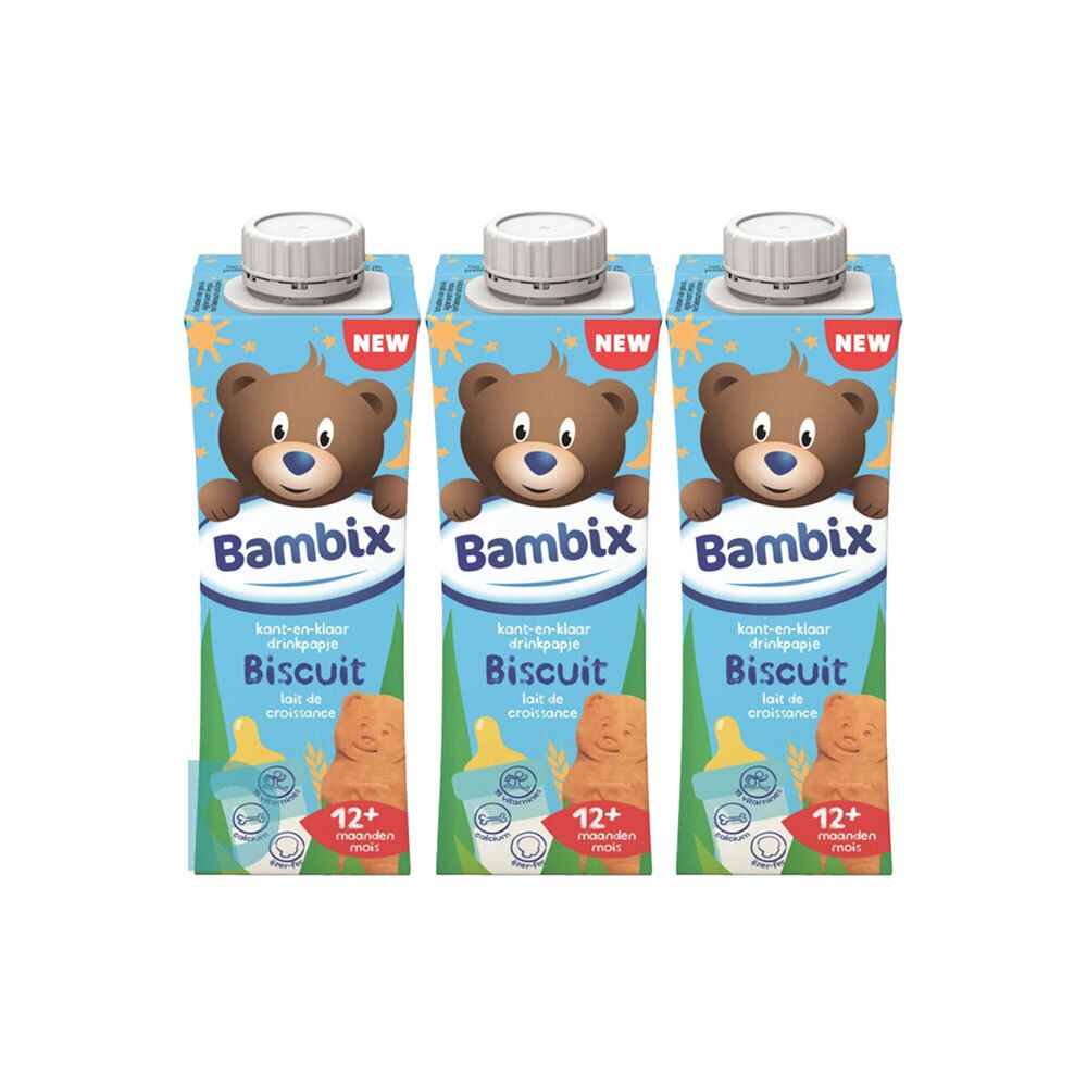 Drie verpakkingen Bambix Lait de Croissance Biscuit 12+ mois. Elke verpakking toont een beer en productinformatie.