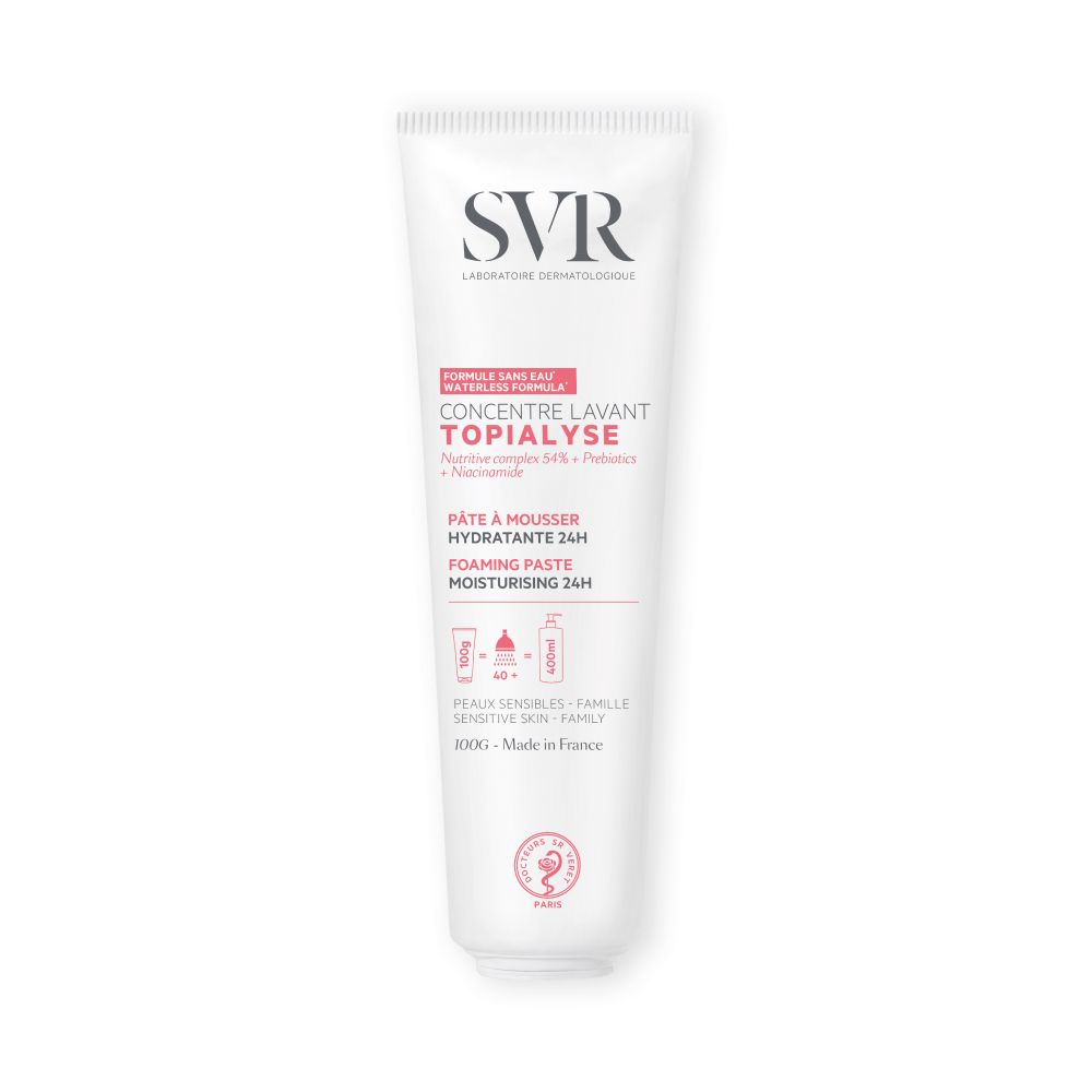 Tube blanc avec texte rouge et noir. SVR en haut. En dessous: Concentre Lavant Topialyse. Texte en français. 100g.