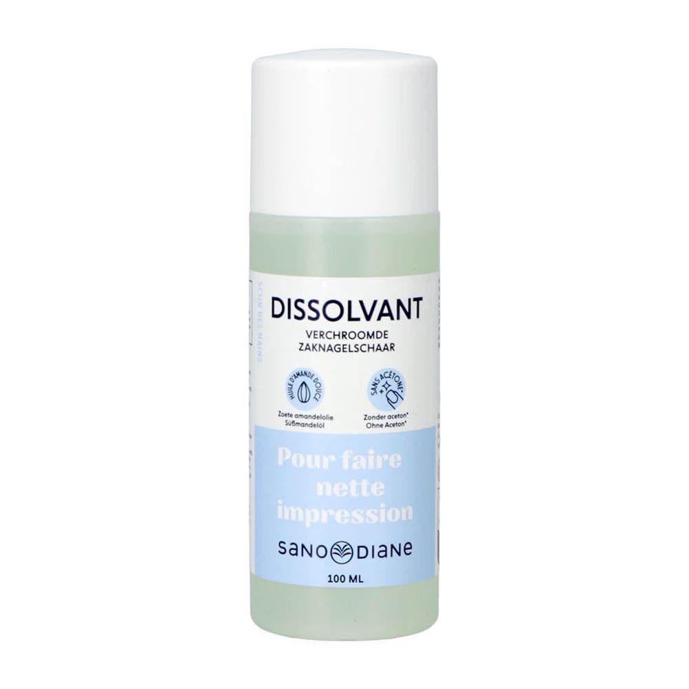Flesje nagellakremover. Witte dop, transparante vloeistof. Opschrift: Dissolvant, zonder aceton, Sanodiane.