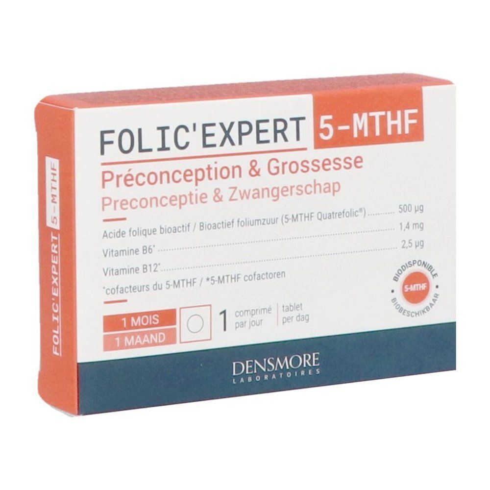 Verpakking Folic'Expert 5-MTHF voor preconceptie en zwangerschap, met doseringsinstructies.