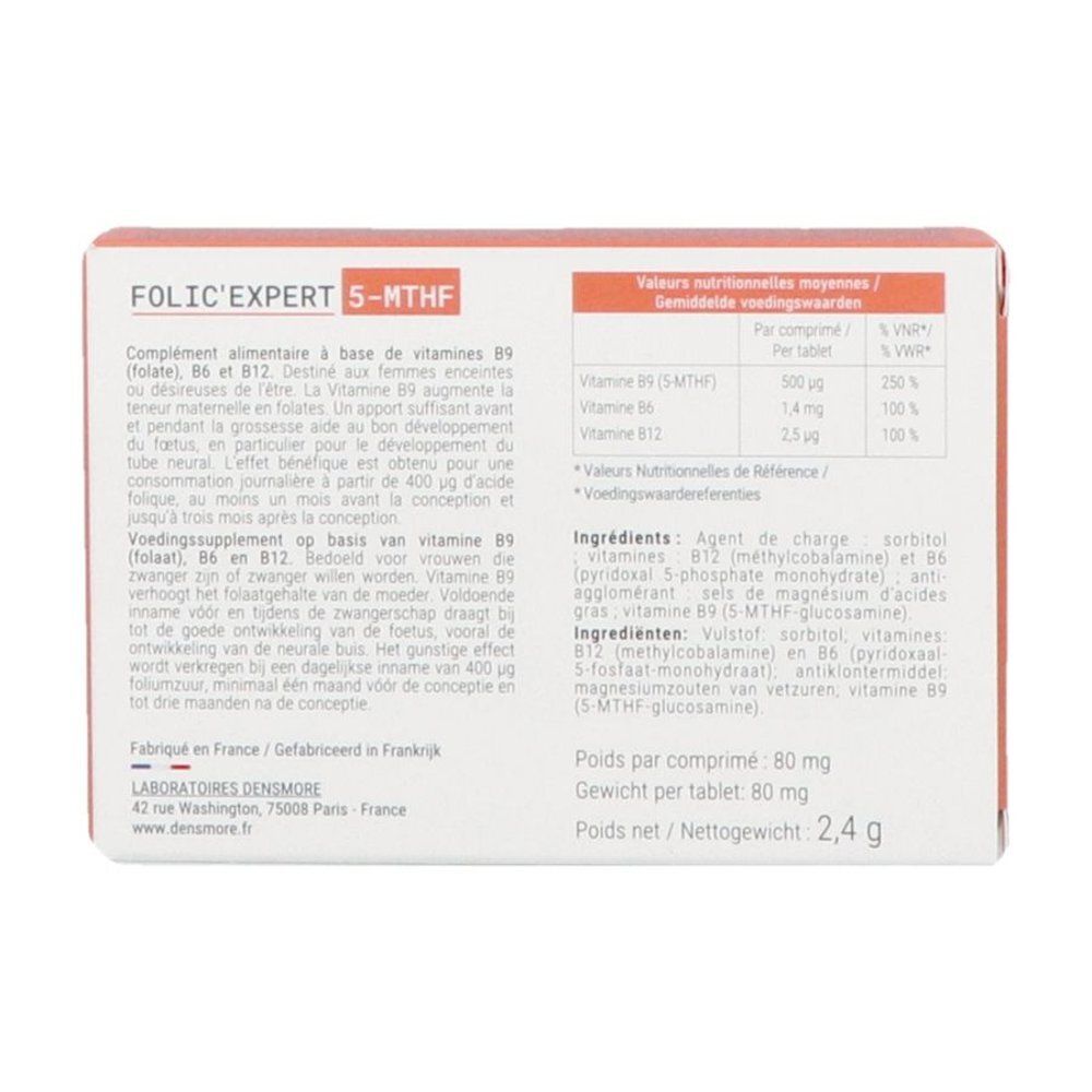 Verpakking Folic'Expert 5-MTHF met Vitamine B9 (Folaat), B6 en B12.