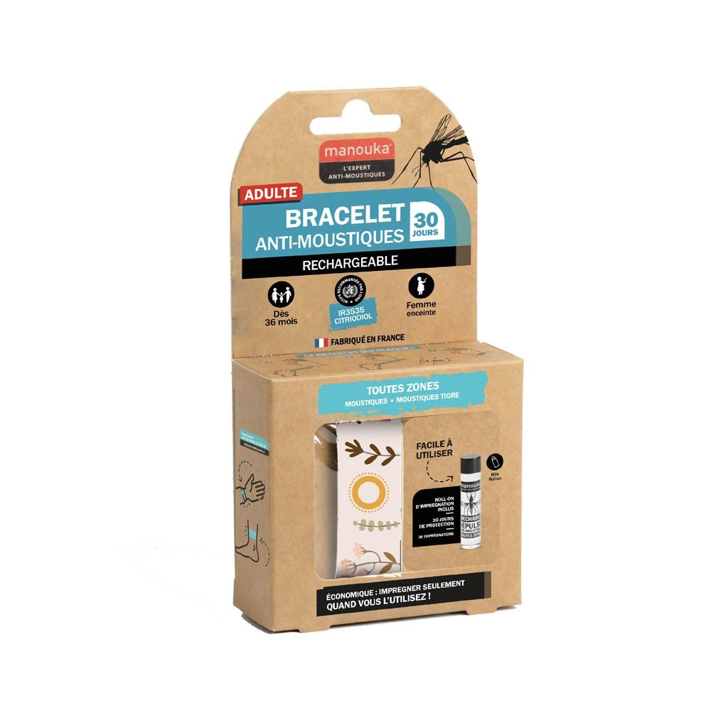 Bracelet Manouka adulte, protection 30 jours, rechargeable, emballage français.