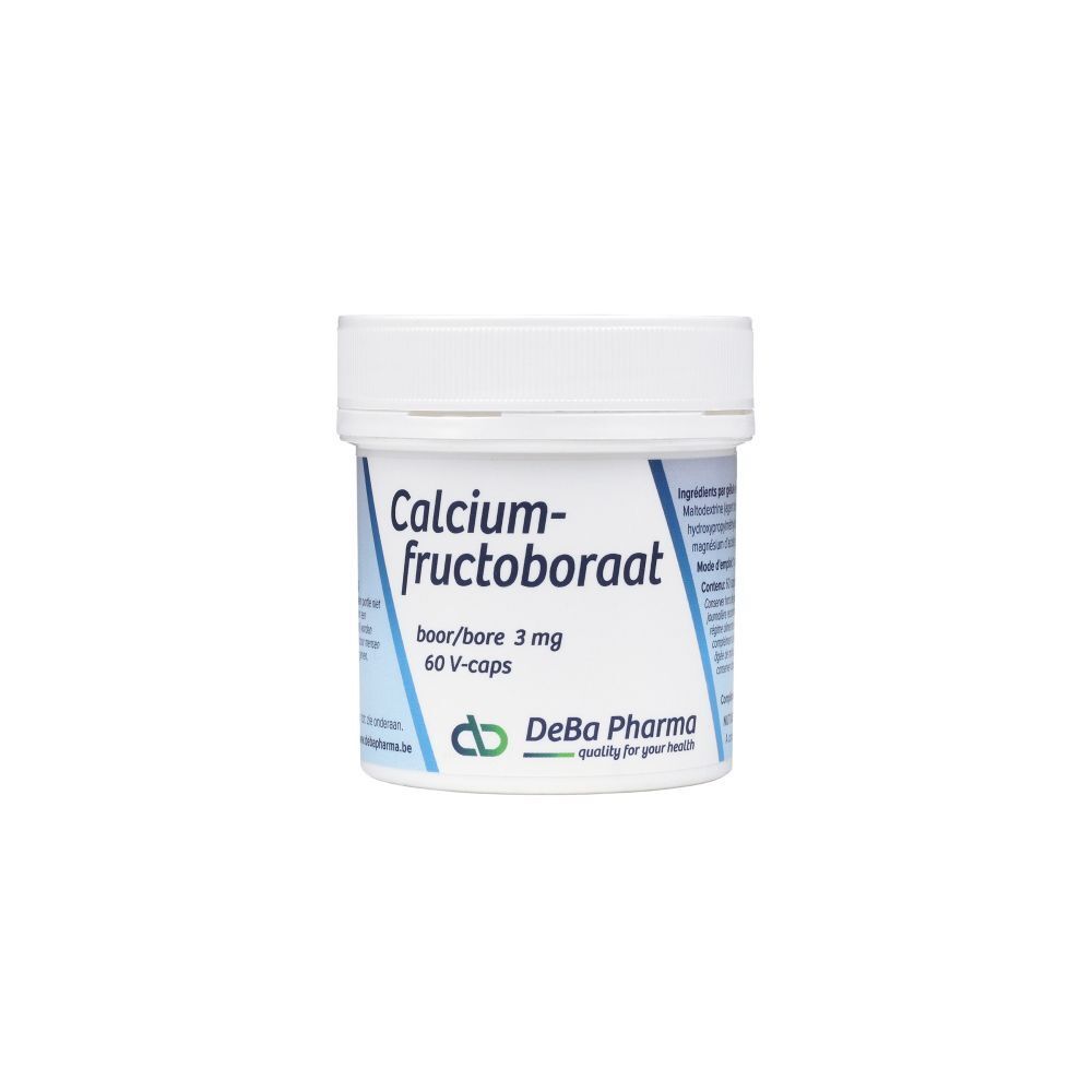 Boîte blanche avec inscription Calcium-fructoboraat, 3 mg, 60 V-caps. Logo DeBa Pharma.