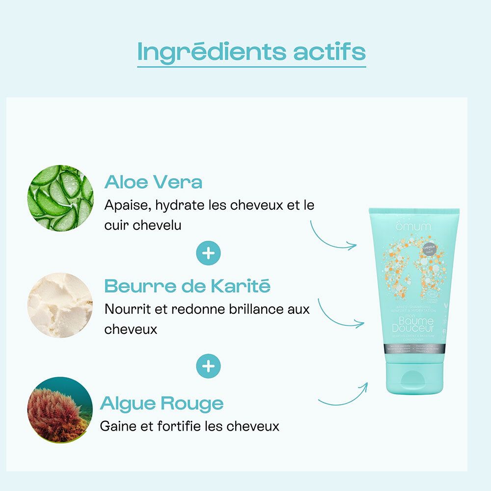 Trois tubes de produit et un peigne sur un lit. Texte en français.