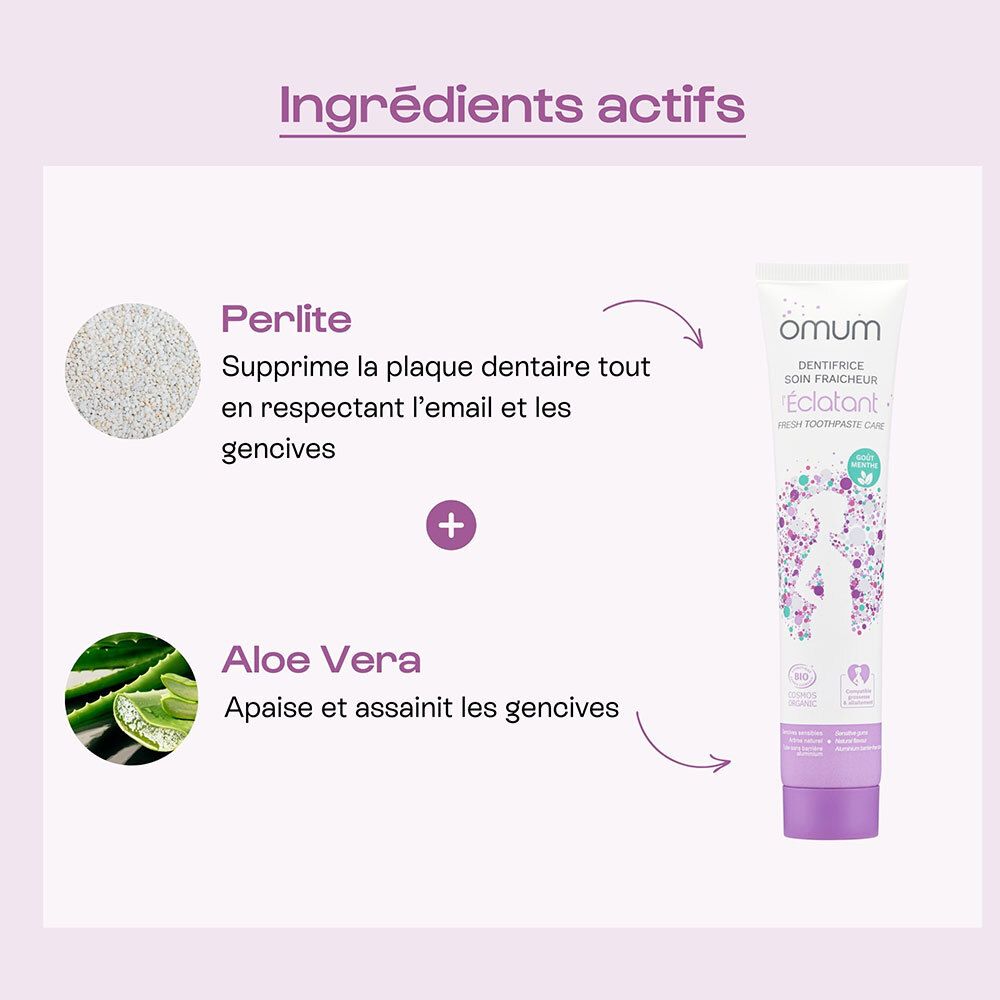 Produit avec texte et icônes. Texte en français. Tube de dentifrice visible.
