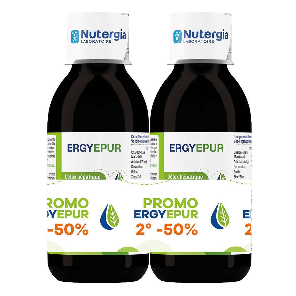 Twee flessen donkere vloeistof. Opschrift: Ergyepur, Promo -50%. Merk: Nutergia. Etiket met ingrediënten en logo.