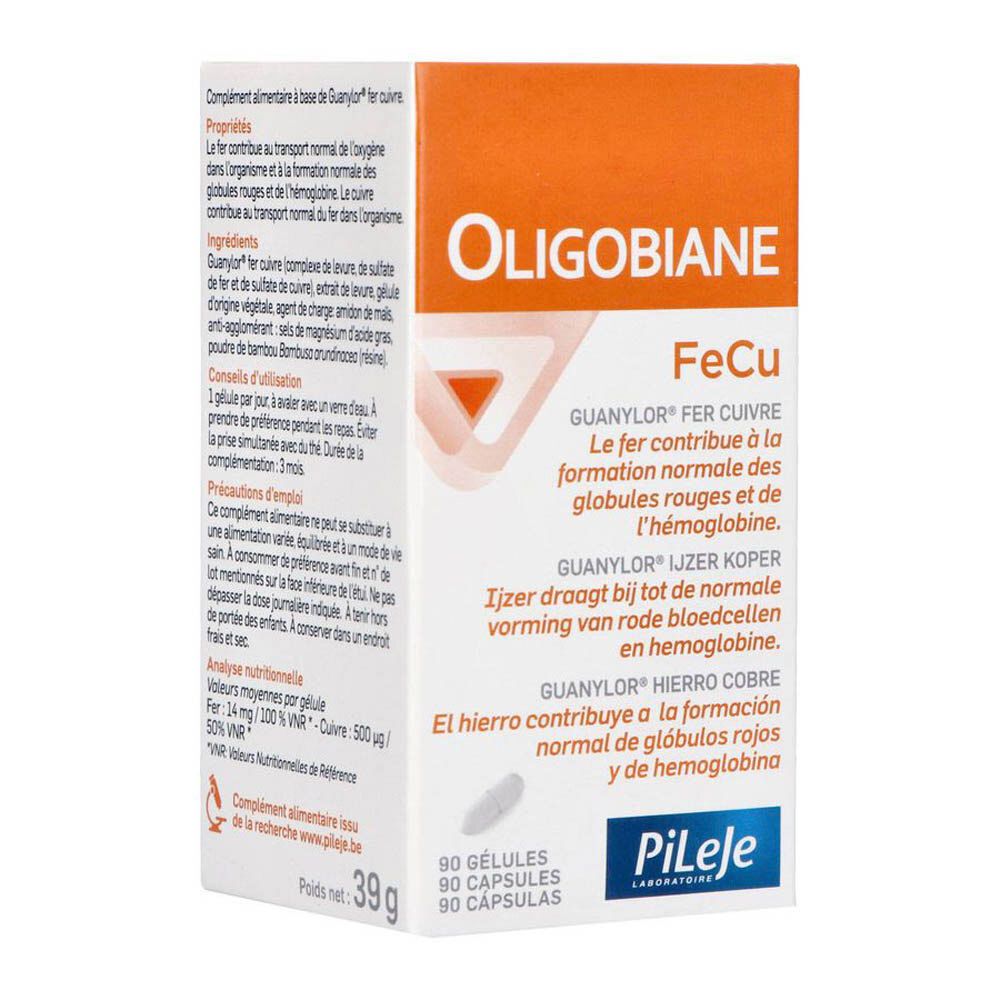 Doos met tekst: Oligobiane FeCu. 90 capsules. Merk: Pileje. 39 g.