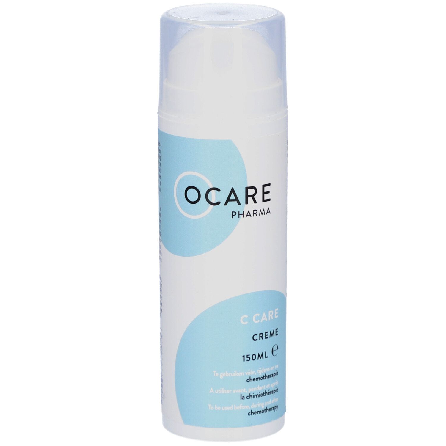 Flacon de crème blanc avec design bleu. OCARE PHARMA, C CARE CREME, 150ml. Pour la peau pendant la chimiothérapie.