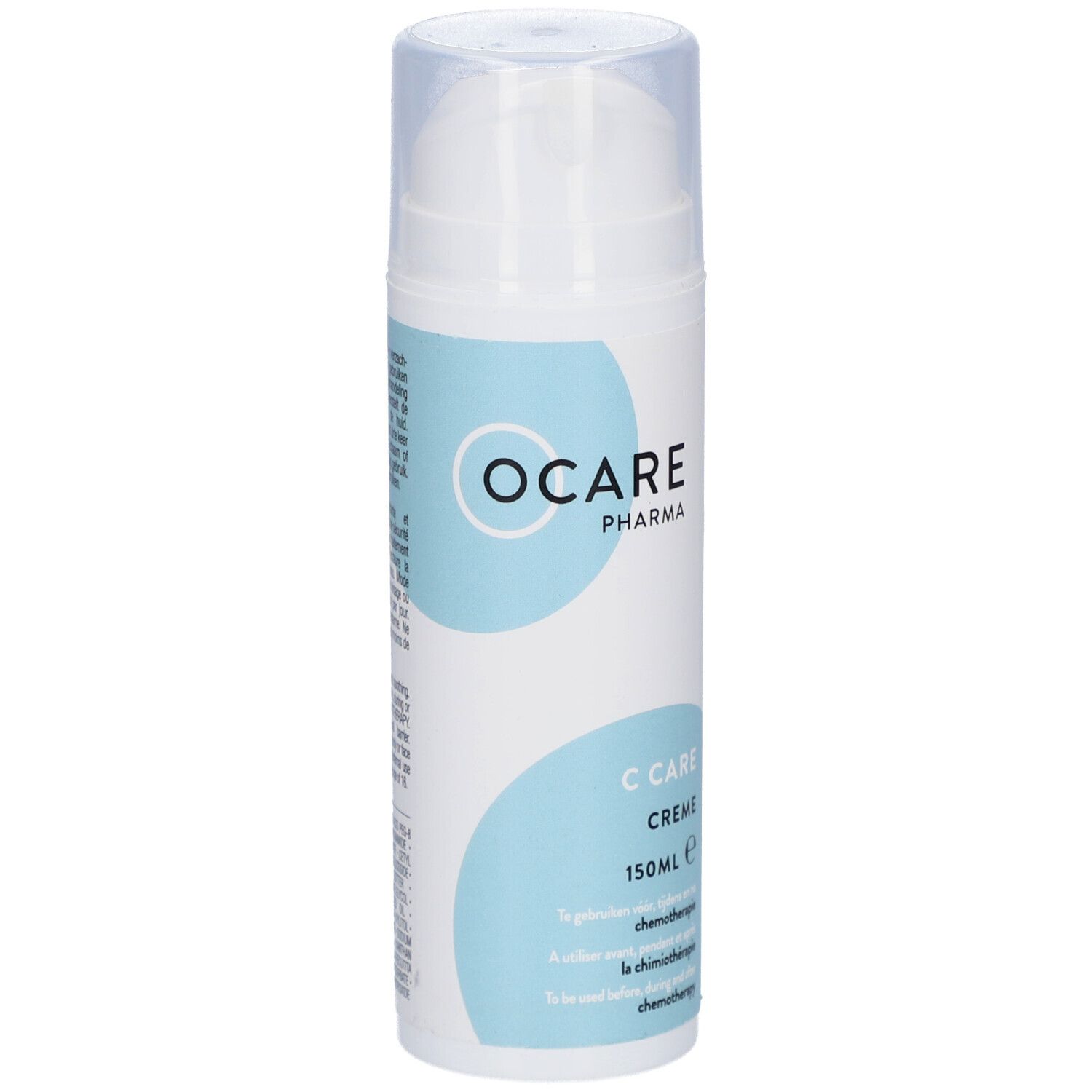 Flacon de crème blanc avec design bleu. OCARE PHARMA, C CARE CREME, 150ml. Pour la peau pendant la chimiothérapie.