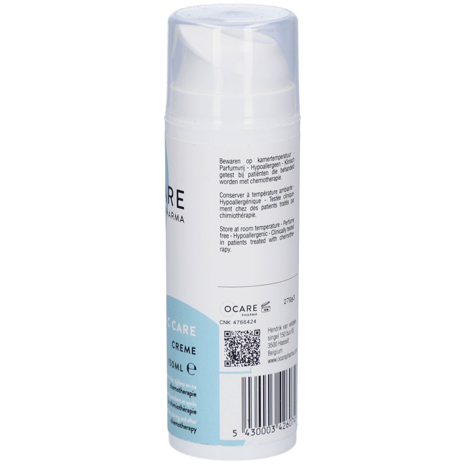 Dos du flacon de crème. Texte multilingue. Pour la peau pendant la chimiothérapie. Instructions de stockage.