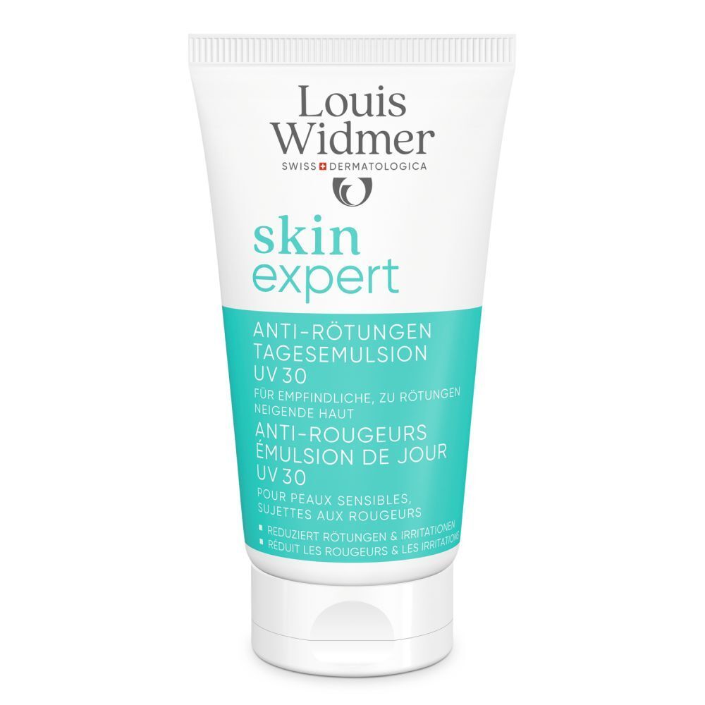 Witte tube met groen etiket. Tekst: Louis Widmer, skin expert, Anti-roodheid Dag emulsie UV30.