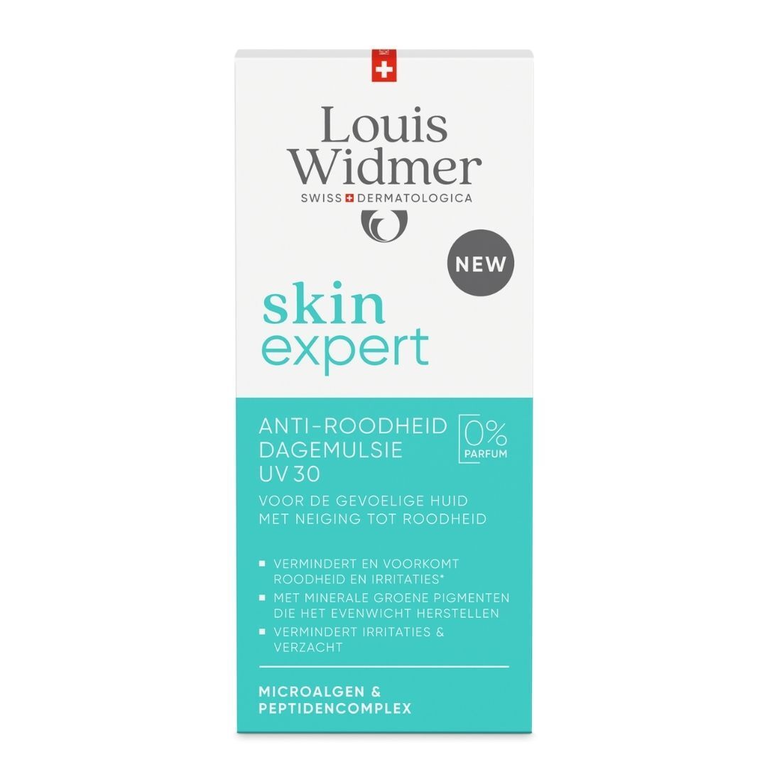 Verpakking. Tekst: Louis Widmer, skin expert, Anti-roodheid, 0% Parfum, NEW.