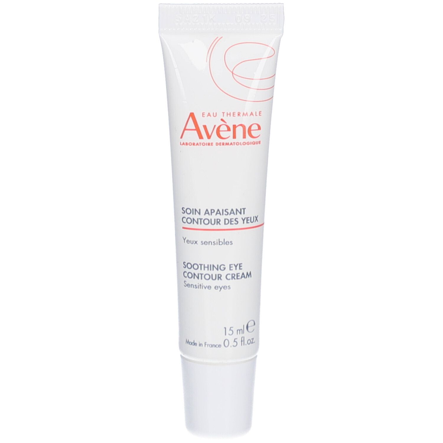 Witte tube met rode tekst. Bevat oogverzorging. Merk: Avène. Tekst: Soin apaisant contour des yeux. 15 ml.