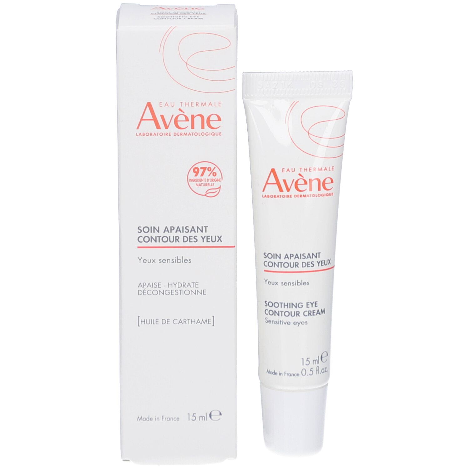 Witte verpakking en tube. Verpakking met productnaam en logo. Tube met productinformatie. 15 ml.