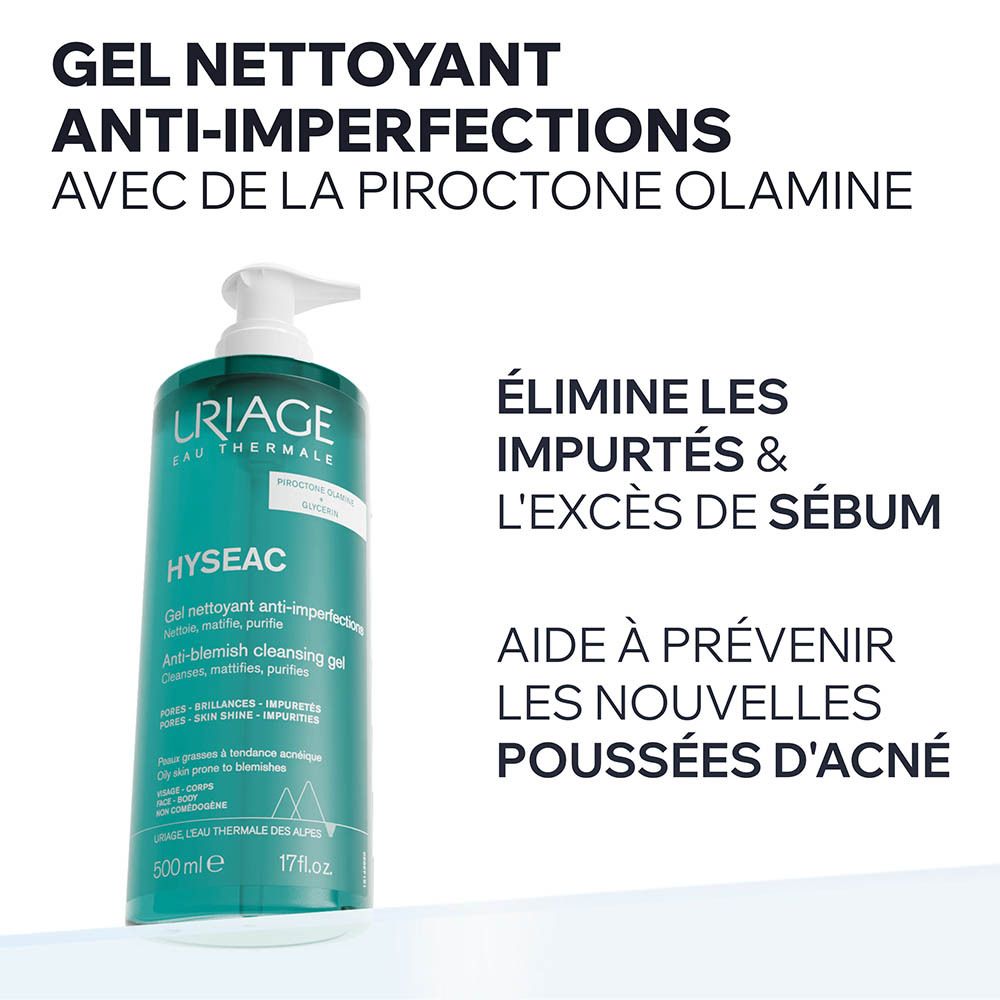 Uriage Hyséac Gel. Texte 'Gel nettoyant anti-imperfections'. Élimine impuretés et excès de sébum. Aide à prévenir l'acné.