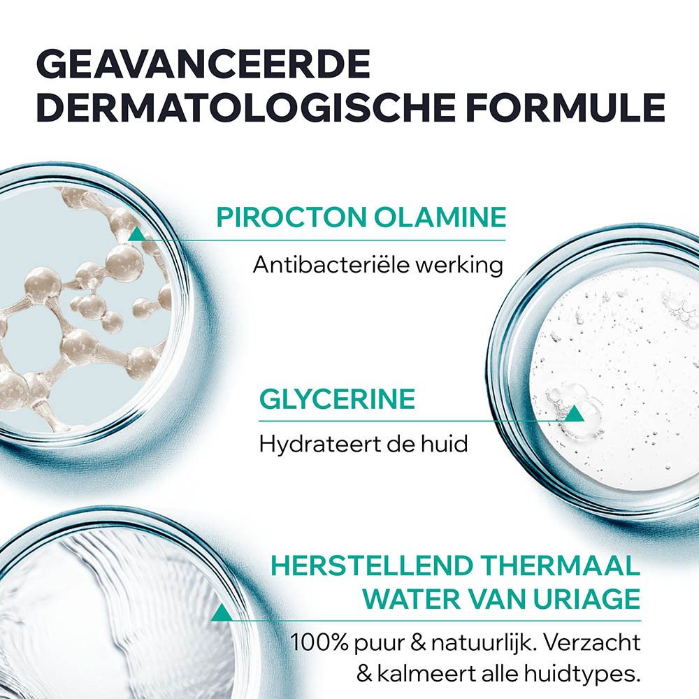 Grafiek met ingrediënten. Piroctone Olamine, Glycerine, Herstellend Thermaal Water van Uriage. 100% puur en natuurlijk.