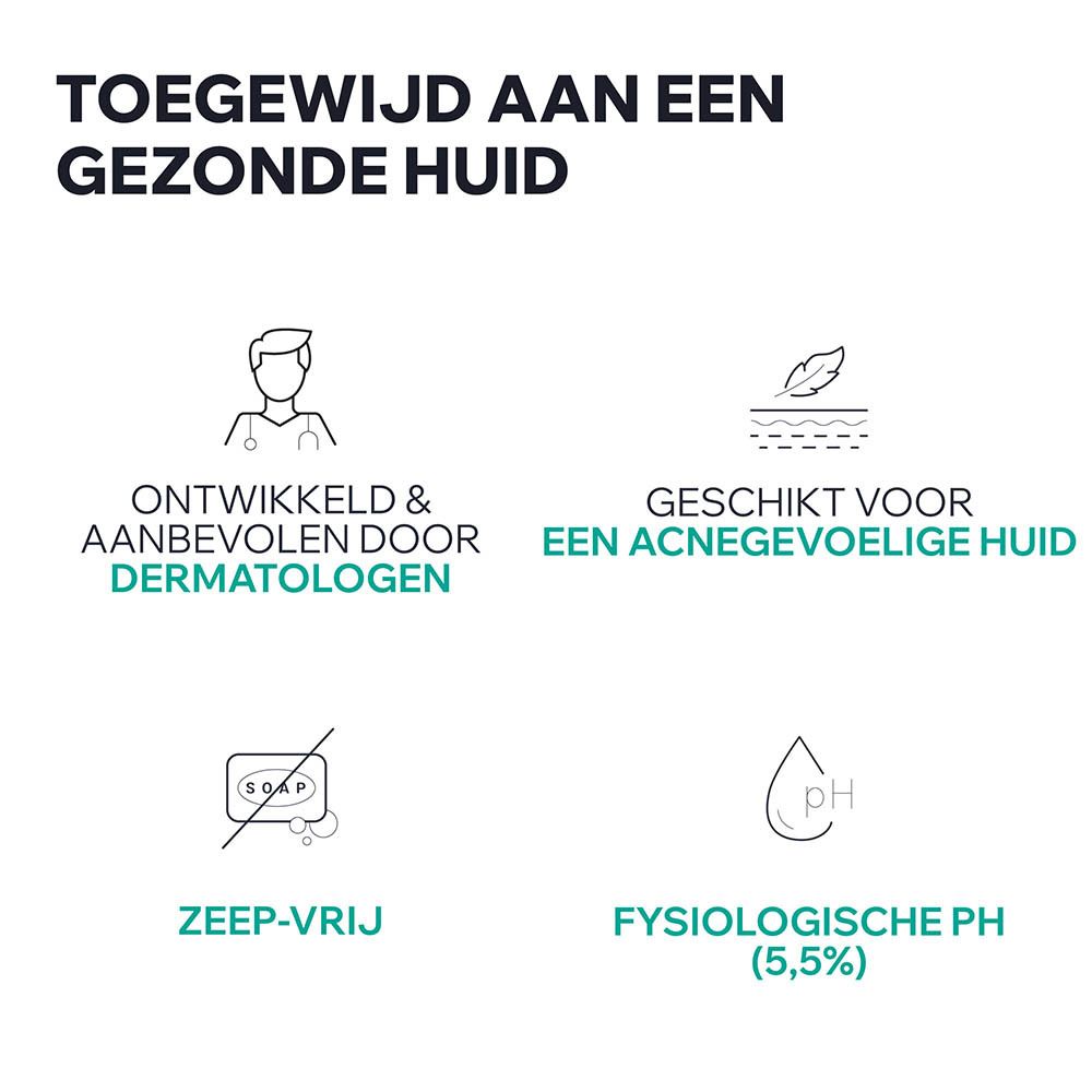 Grafiek met symbolen. Ontwikkeld & aanbevolen door dermatologen. Geschikt voor een acnegevoelige huid. Zeepvrij. Fysiologische pH (5,5%).