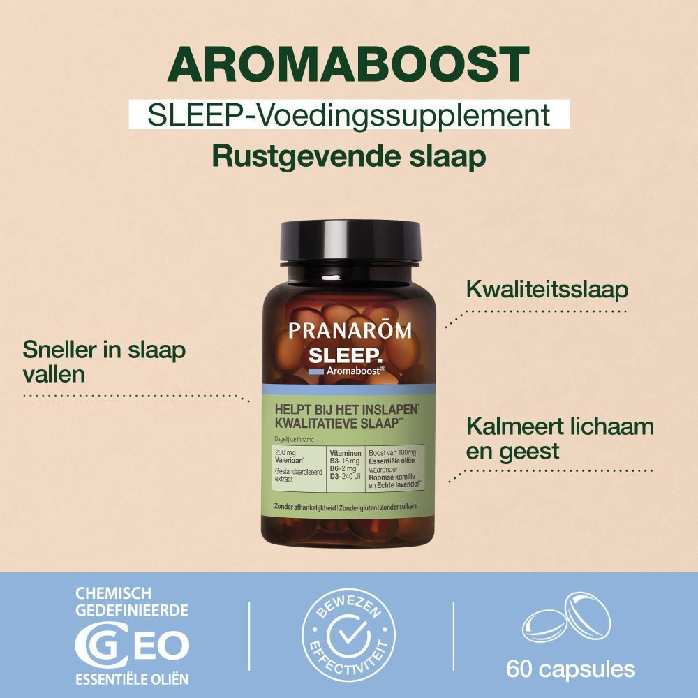 Bruine fles met capsules. Opschrift: Pranarôm SLEEP Aromaboost. Helpt bij het inslapen. Bevat valeriaan, vitaminen en essentiële oliën.