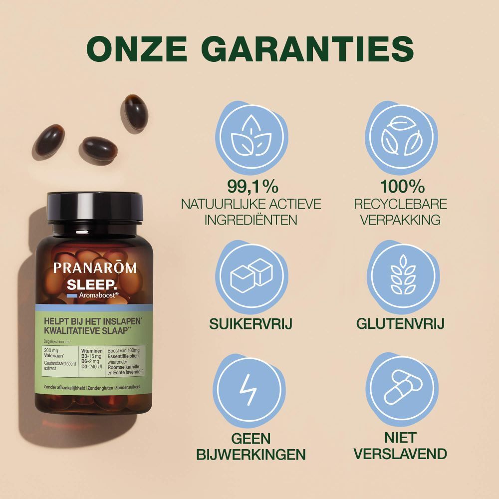 Bruine fles met capsules. Opschrift: Pranarôm SLEEP Aromaboost. Helpt bij het inslapen. Bevat valeriaan, vitaminen en essentiële oliën.