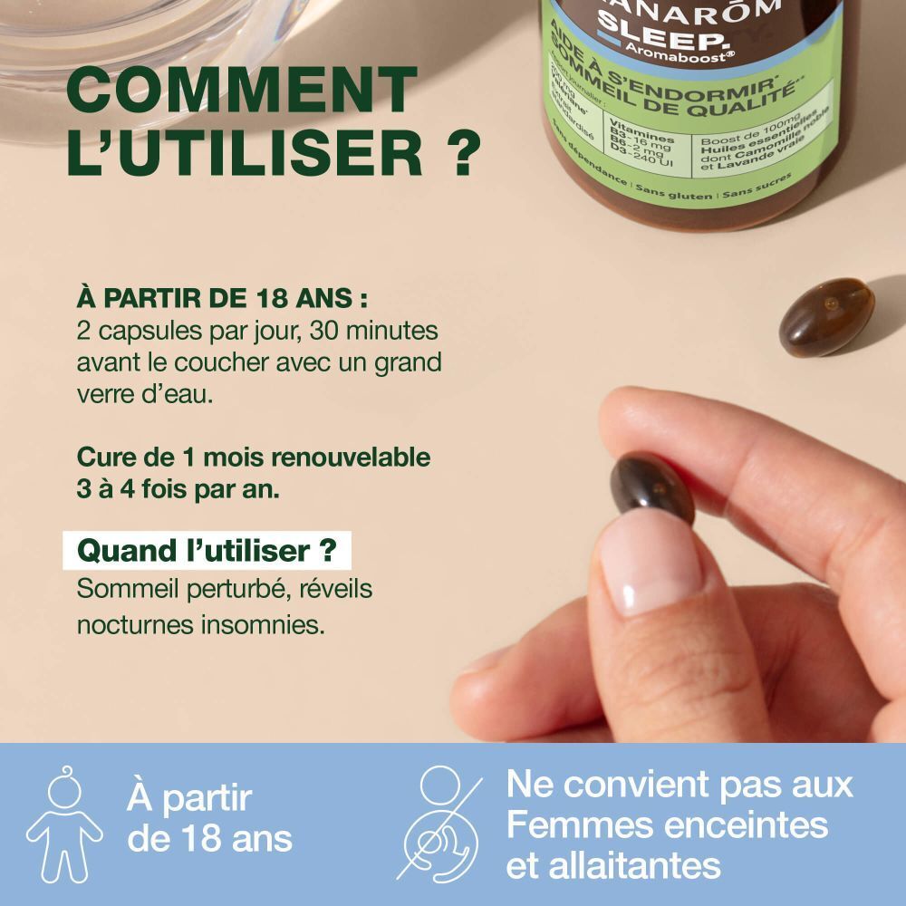 Flacon brun avec capsules. Inscription: Pranarôm SLEEP Aromaboost. Aide à s'endormir. Contient valériane, vitamines et huiles essentielles.