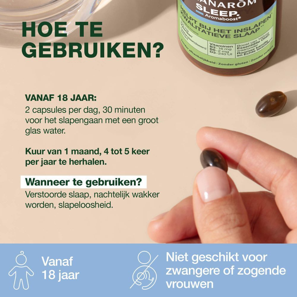 Bruine fles met capsules. Opschrift: Pranarôm SLEEP Aromaboost. Helpt bij het inslapen. Bevat valeriaan, vitaminen en essentiële oliën.