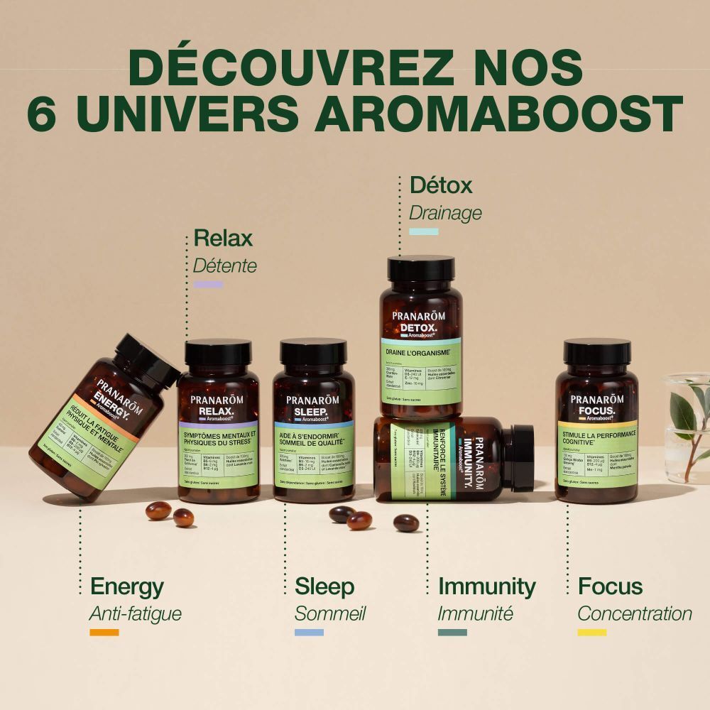Graphique. Découvrez 6 univers Aromaboost: Energy, Relax, Sleep, Immunity, Focus, Detox. Flacons capsules.