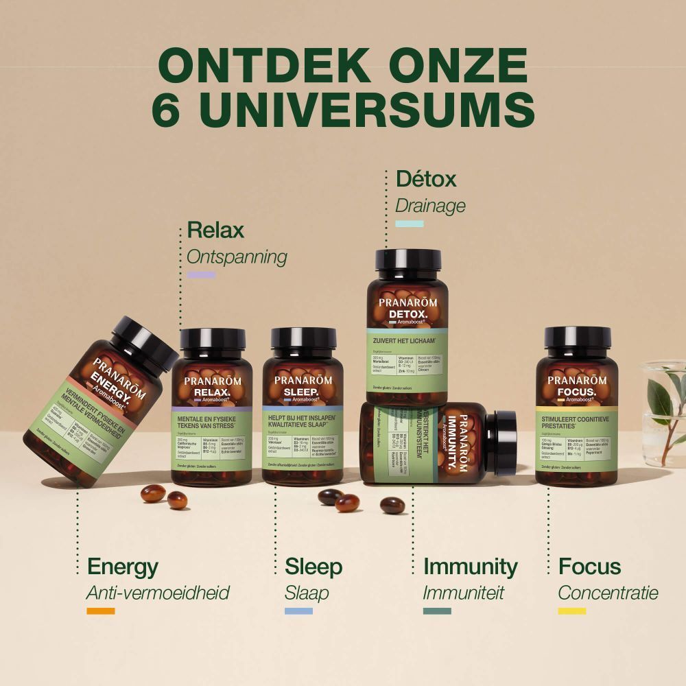 Bruine fles met capsules. Opschrift: Pranarôm SLEEP Aromaboost. Helpt bij het inslapen. Bevat valeriaan, vitaminen en essentiële oliën.