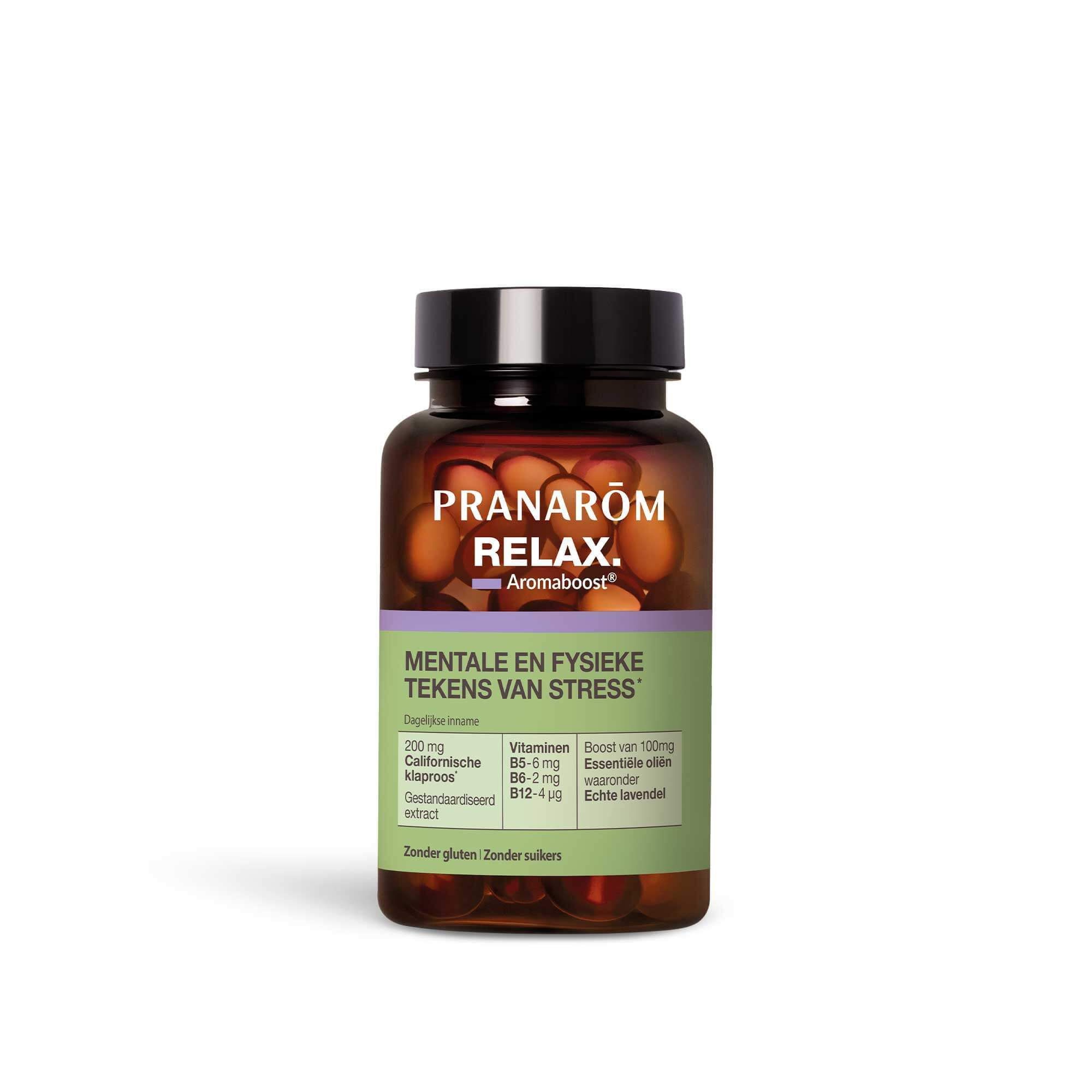 Bruine fles met capsules. Opschrift: Pranarôm RELAX Aromaboost. Tekst: Mentale en fysieke tekenen van stress.