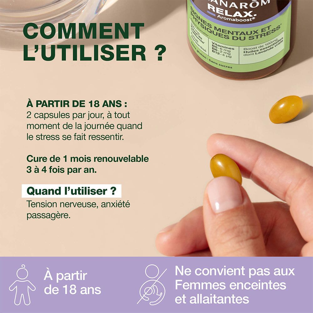 Flacon de produit avec texte: Comment l'utiliser ? À partir de 18 ans: 2 gélules par jour. Ne convient pas aux femmes enceintes et allaitantes.