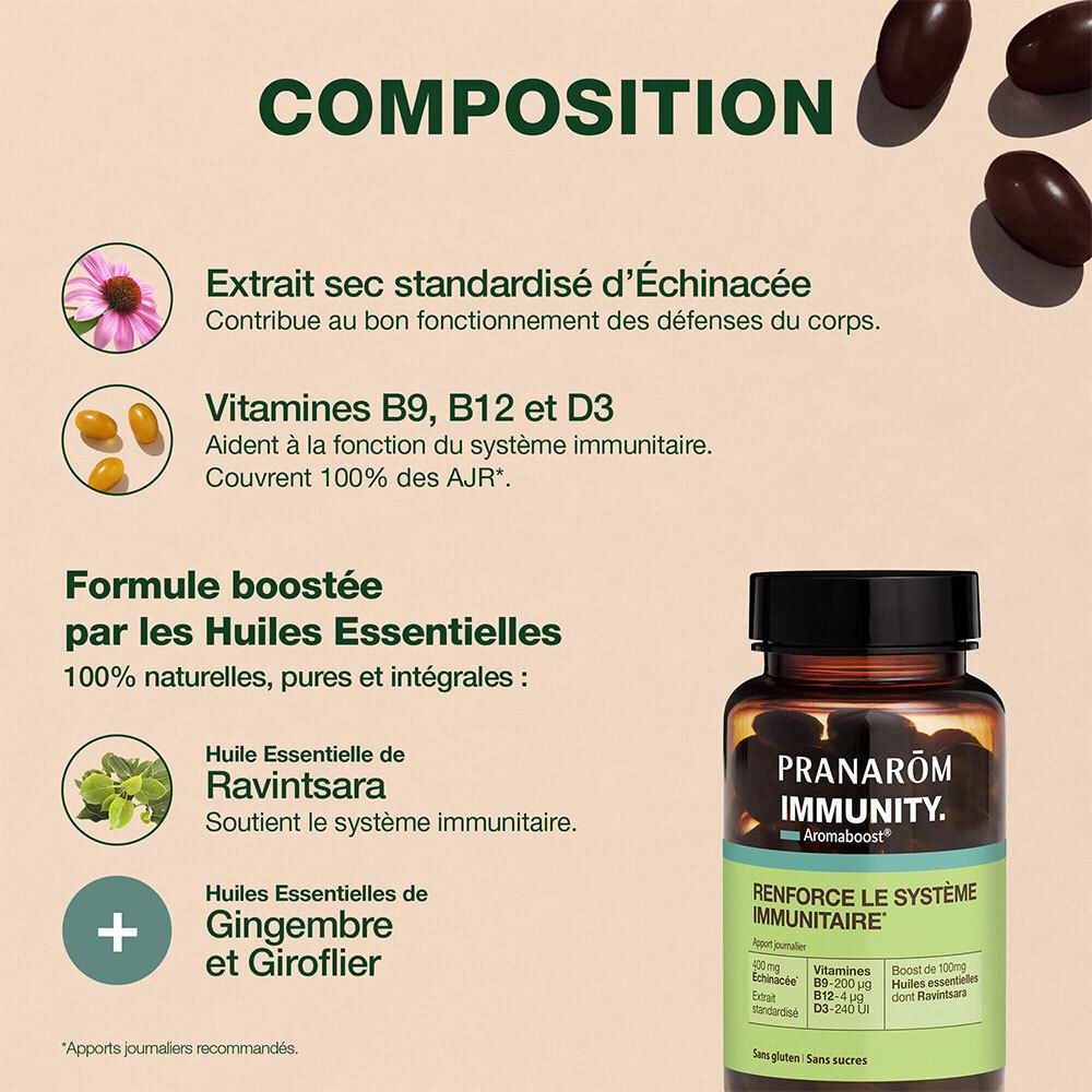Productfles met tekst en illustraties. Tekst: Echinacea, vitamines B9, B12, D3. Formule met essentiële oliën.
