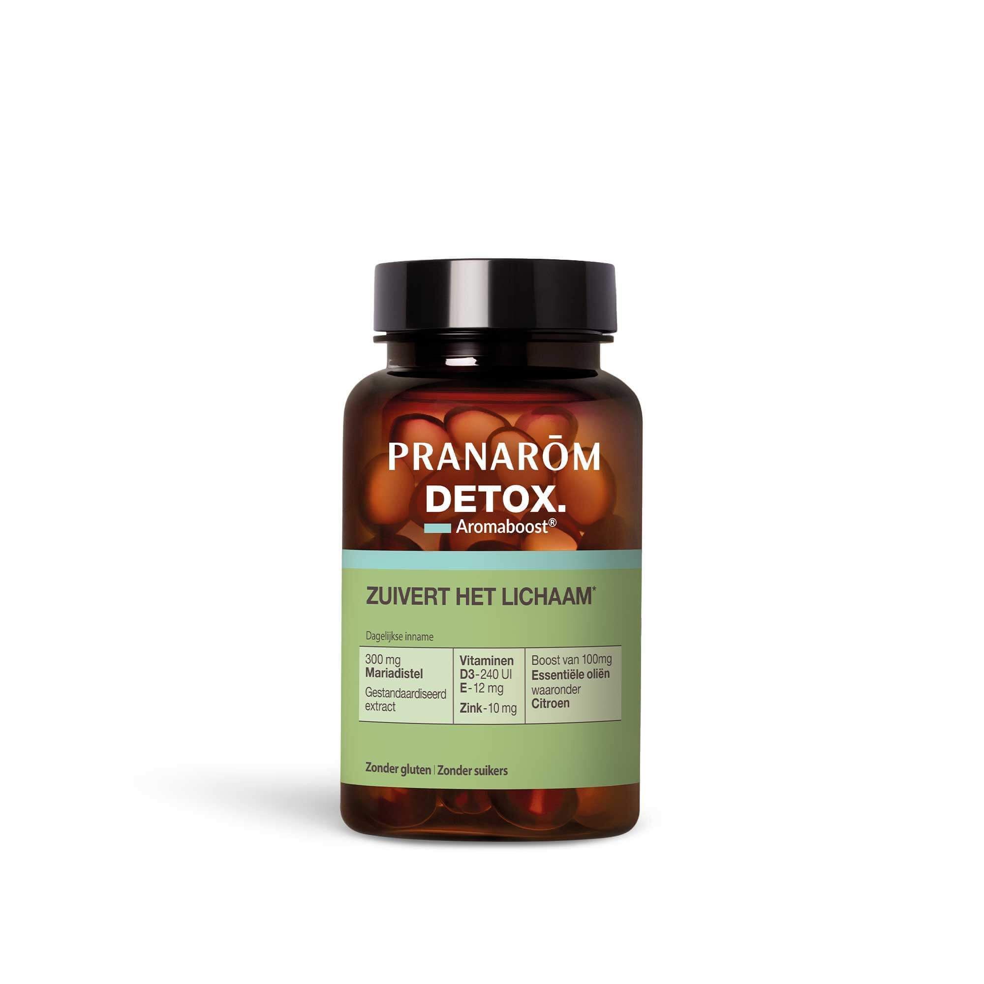 Bruine fles met capsules. Opschrift: Pranarôm Detox. Aromaboost. Groen-wit etiket met ingrediënten.