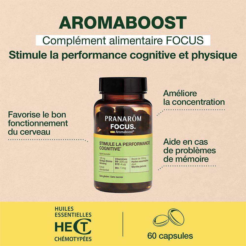 Flacon de produit à côté de texte. Sections de texte sur les avantages et les ingrédients. 60 capsules. Certification HECT.