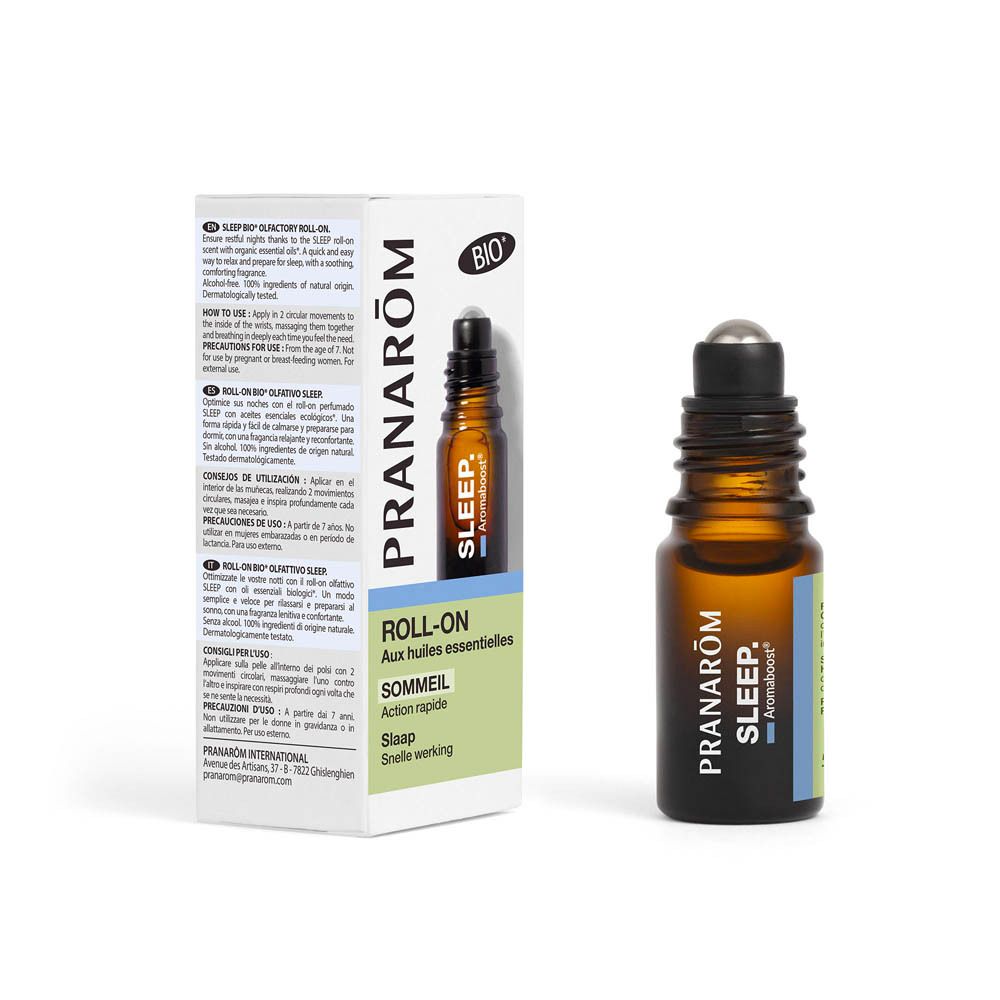 Roll-on Pranarôm Aromaboost Sommeil avec bouchon noir.