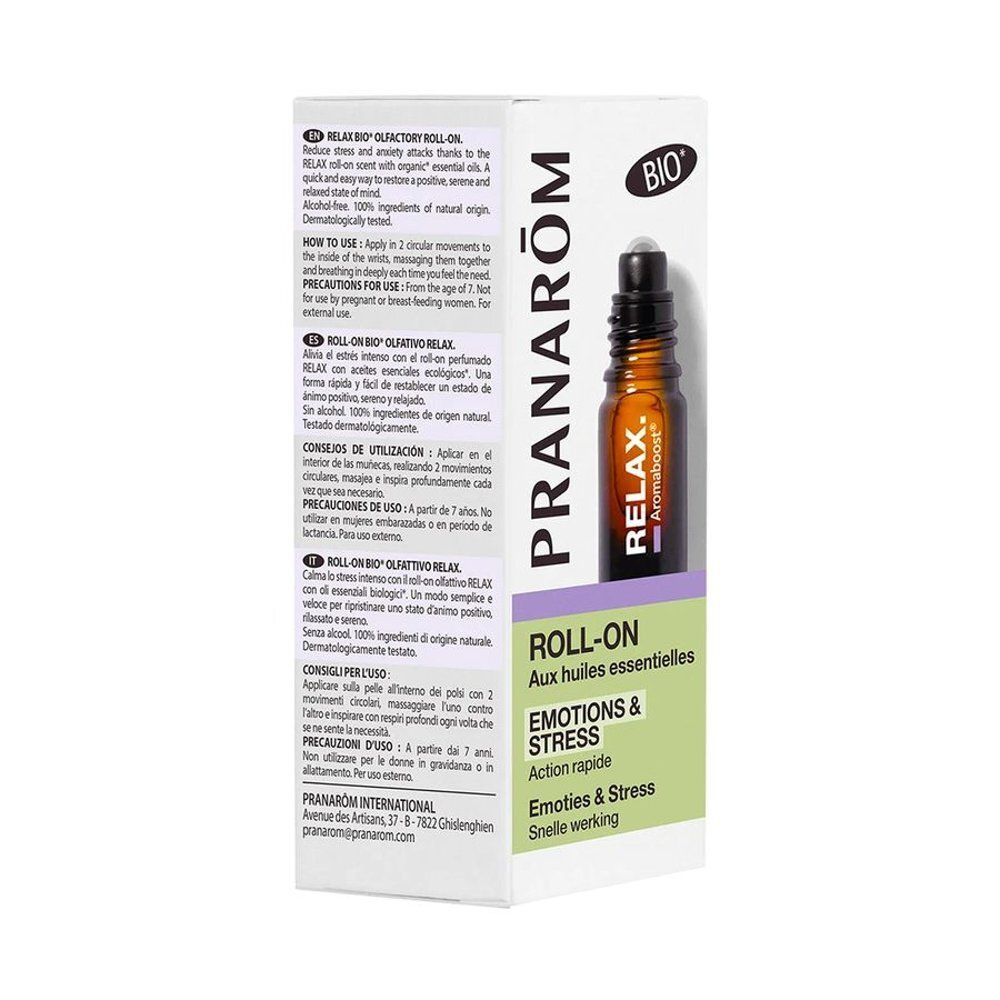 Achterkant van het Pranarom Aromaboost Relax Roll-On flesje met Bio-zegel.