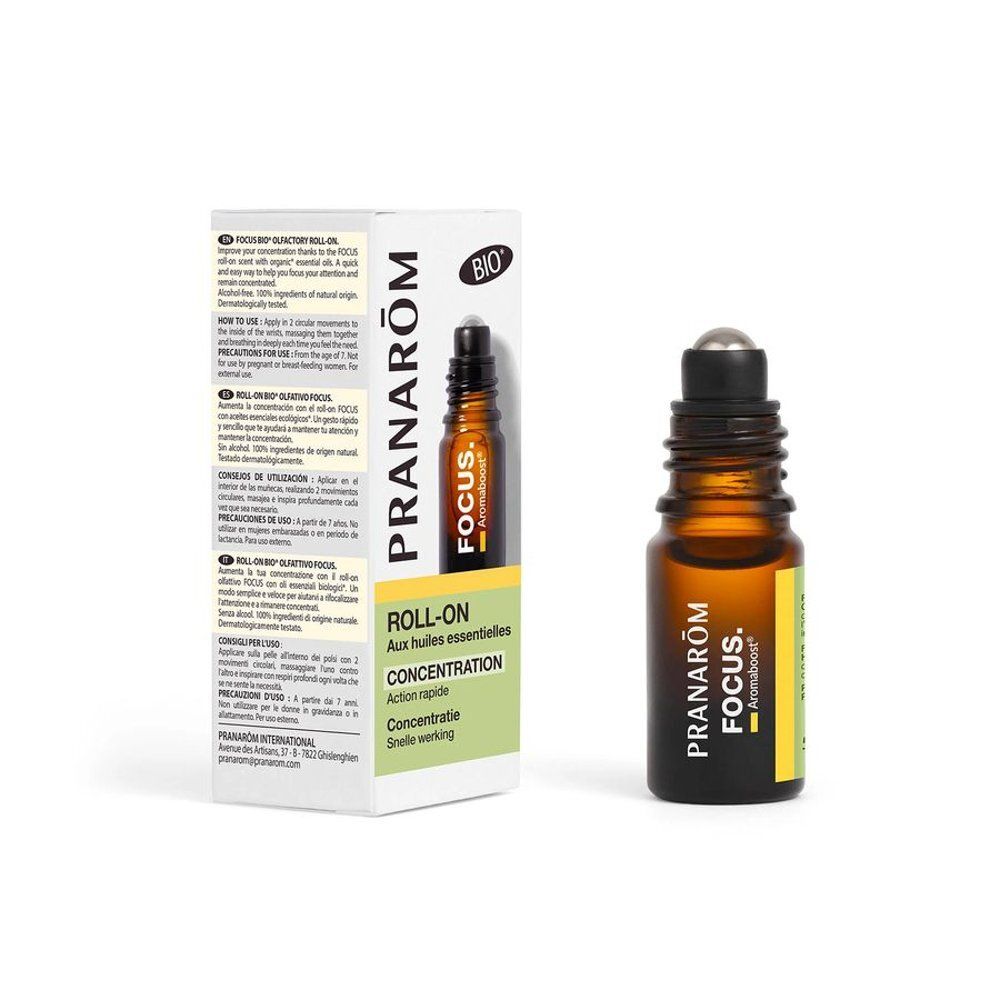 Pranarôm roll-on flesje en doosje met etherische oliën voor concentratie.
