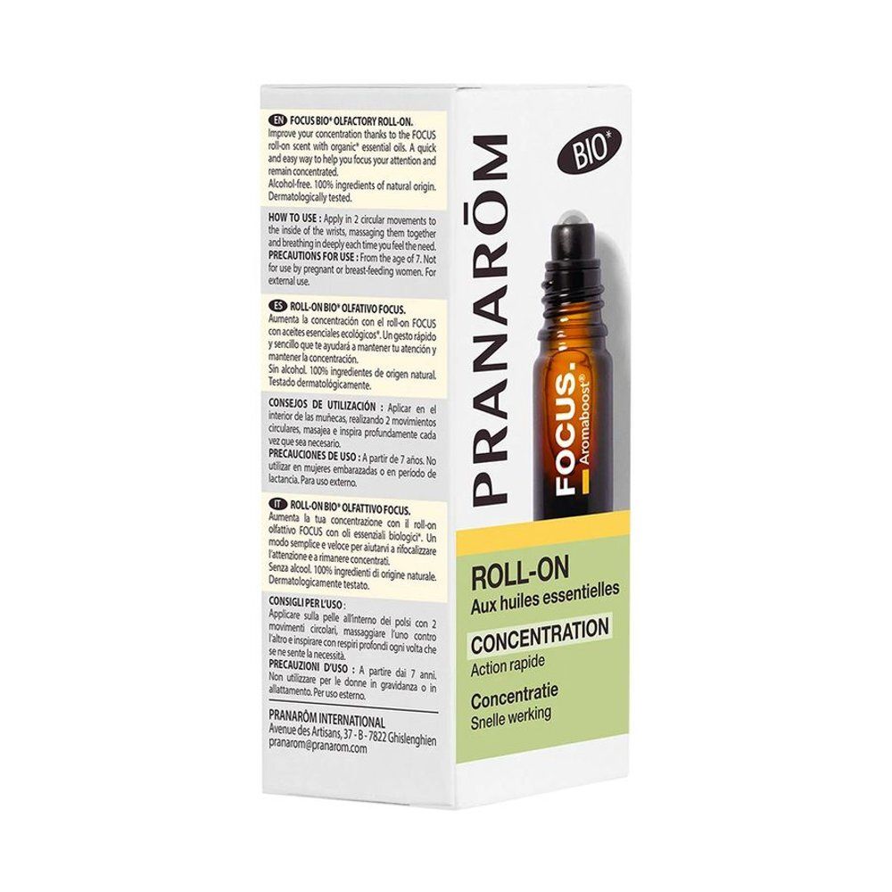 Boîte d'un roll-on Pranarôm aux huiles essentielles pour la concentration.