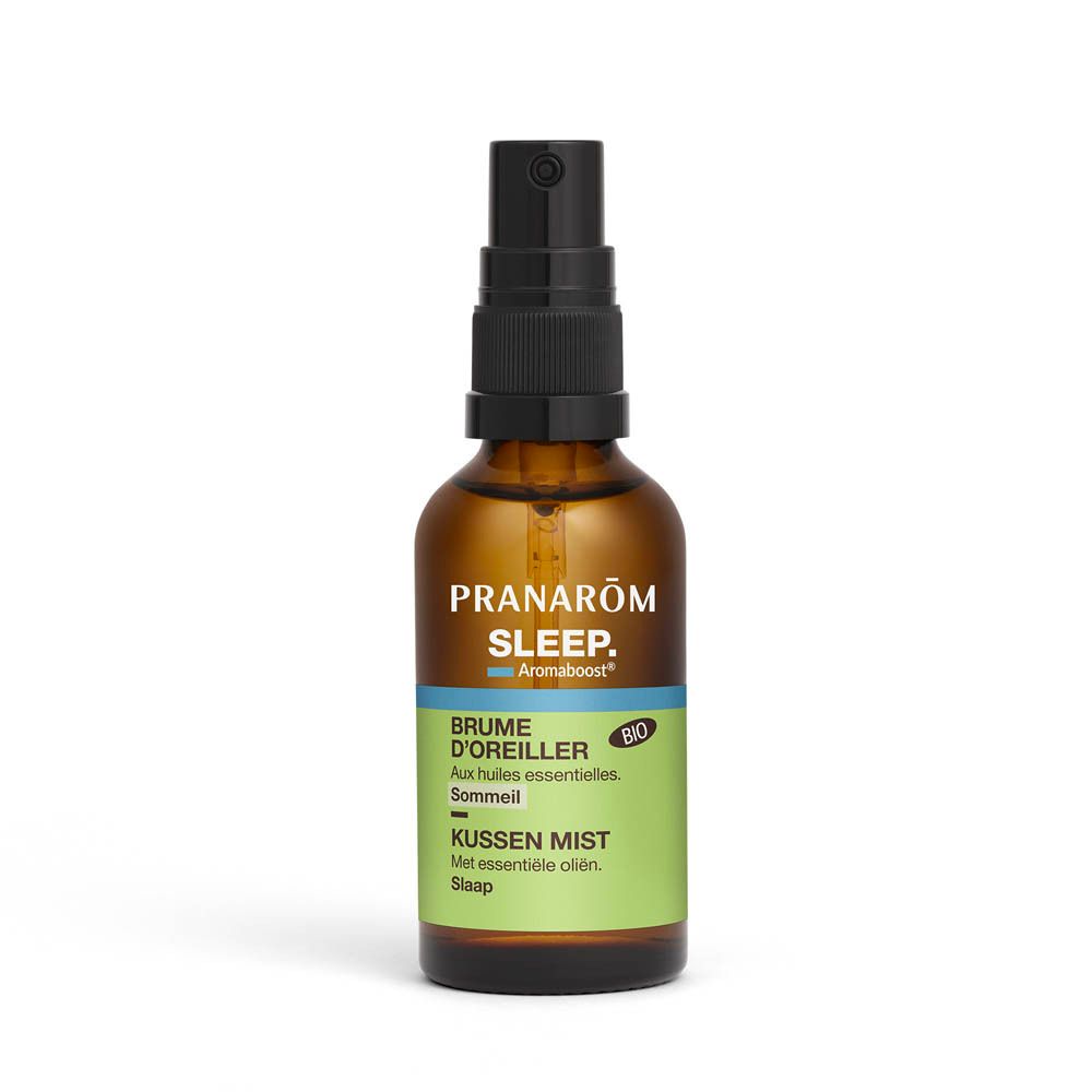 Flacon en verre brun avec vaporisateur. Inscription: Pranarôm SLEEP. Brume d'oreiller, Kussen mist. Certification Bio.