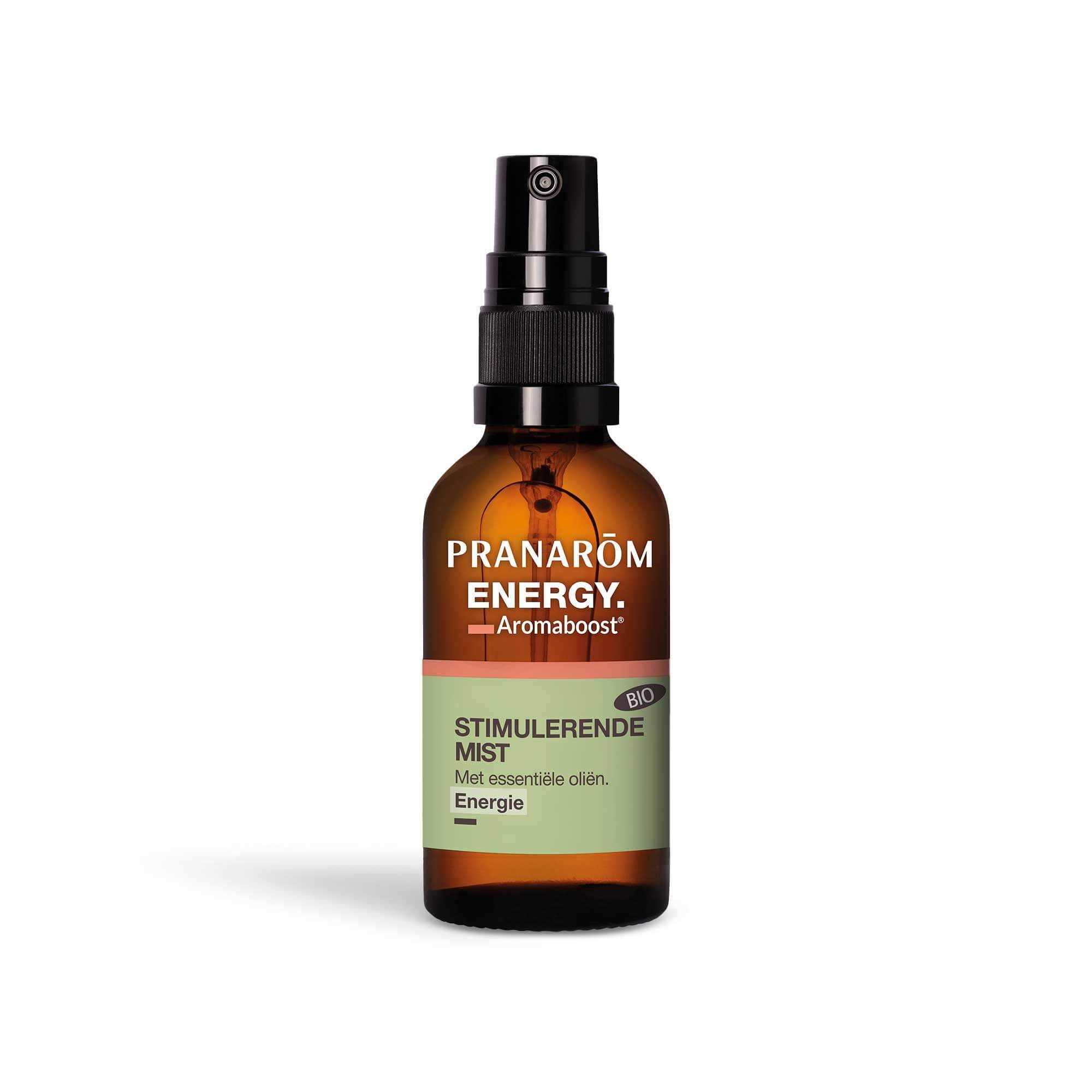 Bruine glazen fles met zwarte verstuiver. Etiket met productnaam en groene zone. BIO-certificering.