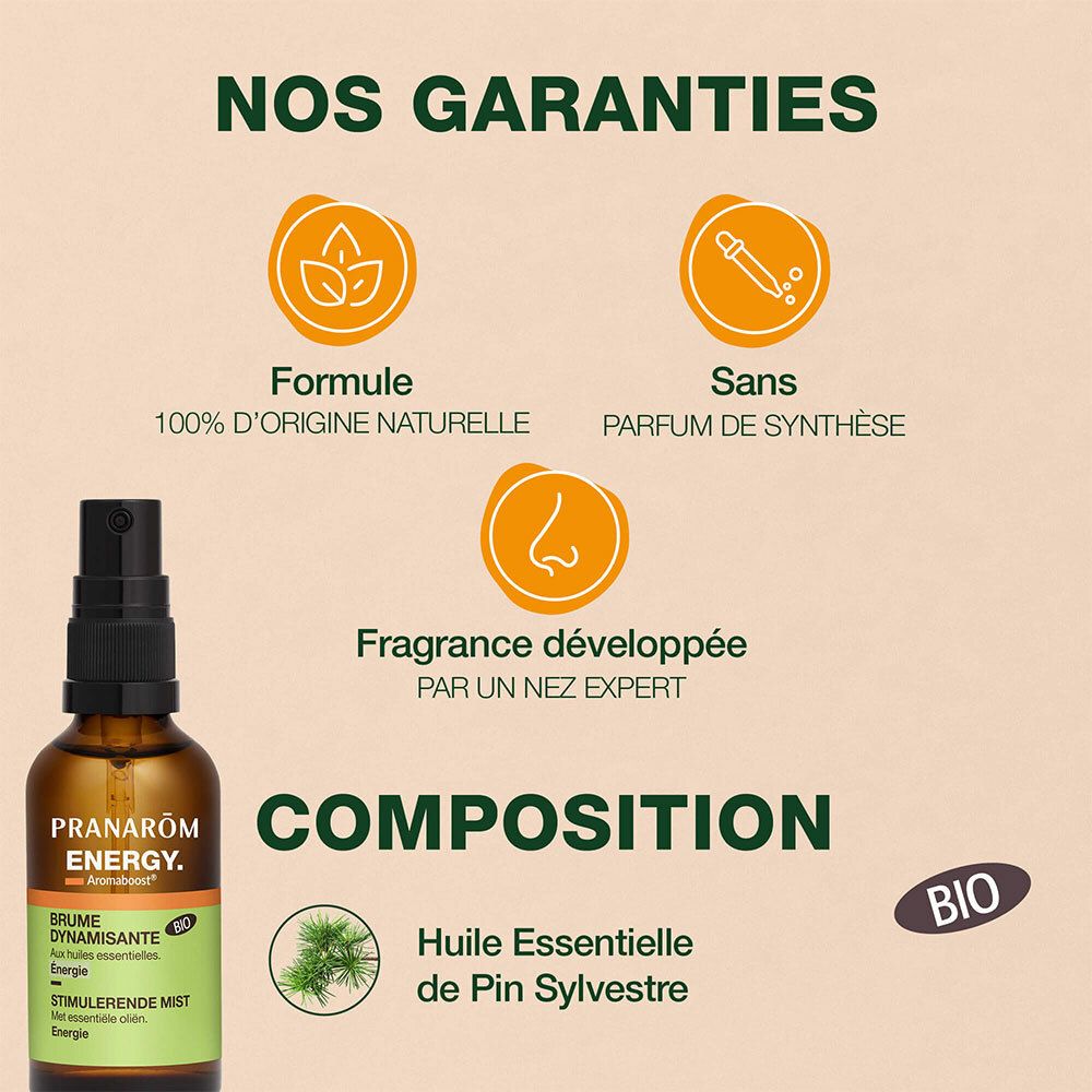 Productfles met tekst en infographics. Formule 100% natuurlijke oorsprong. Zonder synthetische parfums. Bio-label.