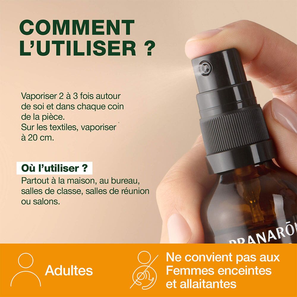 Hand die het product verstuift. Gebruik: 2-3 sprays in de omgeving. Niet geschikt voor zwangere vrouwen en vrouwen die borstvoeding geven.
