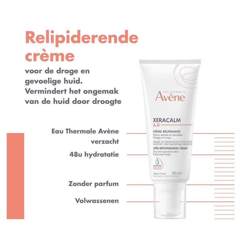 Tube Avène Xeracalm AD Crème Relipidante et texte. Fond blanc avec illustrations.