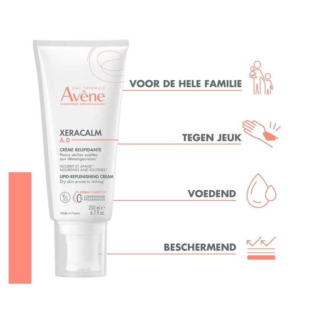 Tube Avène Xeracalm AD Crème Relipidante. Witte tube met naam en logo. 200ml.