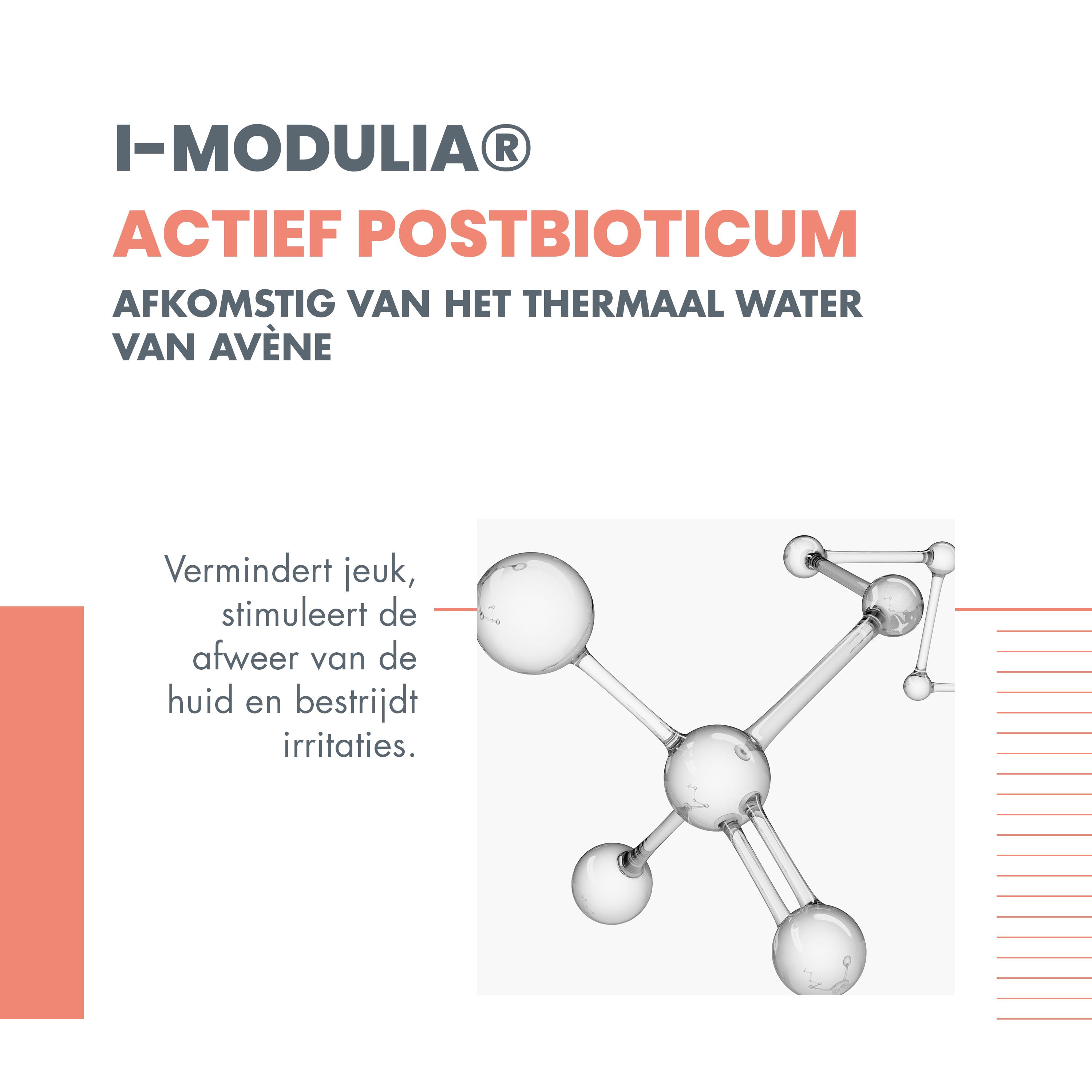 Tekst met I-MODULIA® en afbeelding van een moleculaire structuur.