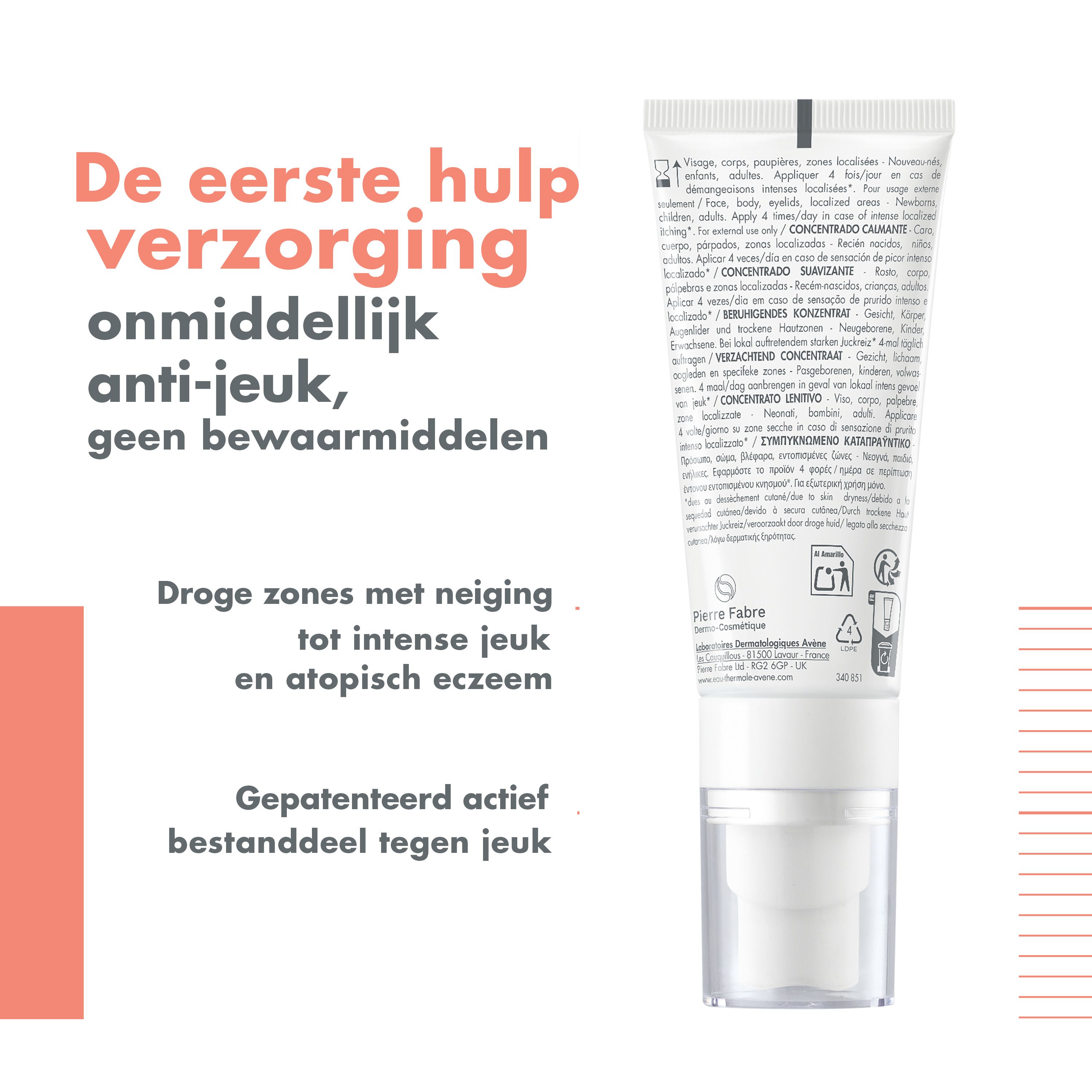 Achterkant van de crèmetube met tekst. Fabrikant: Pierre Fabre.