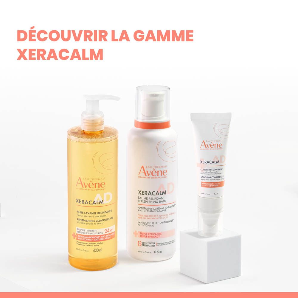 Tube blanc. Inscription: Avène XeraCalm A.D. Concentré Apaisant. 40 ml.